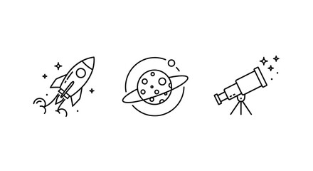 Space exploration icons featuring rockets planets and a telescope silhouette © ANISURRAHMAN