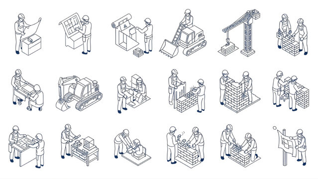Isometric Construction Site Workers Activities Architectural Blueprint Technical Drawing Clean White Background