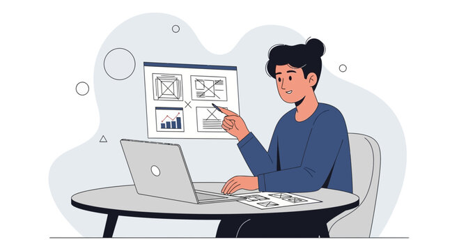 Young man working on laptop, pointing at website wireframes on screen