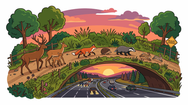 Wildlife crossing bridge over highway with animals at sunset nature conservation illustration