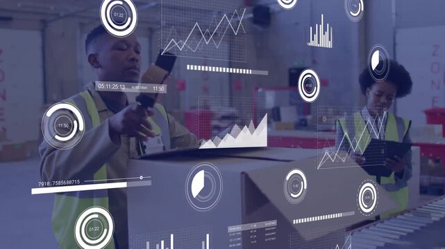 Vertical video: Packing packer lifting box and scanning updating KPIs while clerk confirming tablet