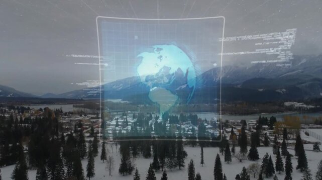 Holographic UI appearing over snowy valley after teal scan from treeline, showing globe for tech