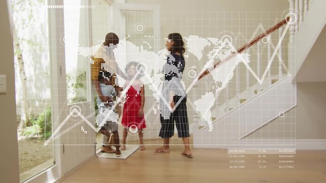 Family coming home, kids stepping on mat while parents helping HUD overlay mapping tech over group