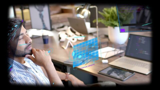 Device-triggered holographic panels rising over desk while user studying layout to make UI designs