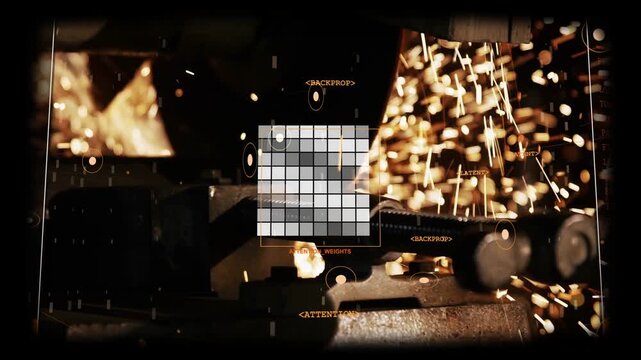Clamped metal link being ground by grinder for machining, sparks rising while HUD grid tracking