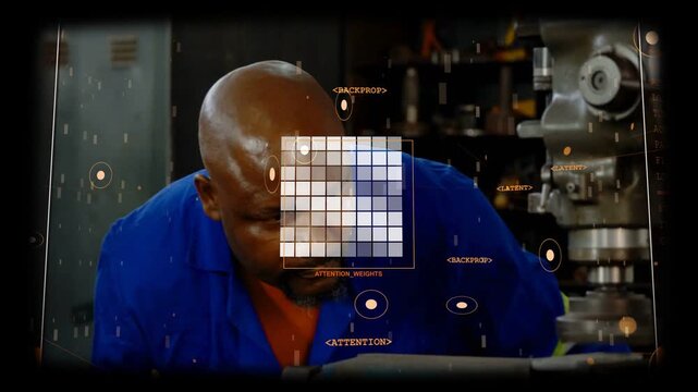 HUD overlay appearing, machinist leaning, shifting head and inspecting spindle and workpiece for QC