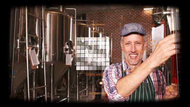 Brewer lifting glass cylinder in brewery inspecting amber sample with HUD confirming quality
