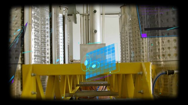 Yellow truss framing scene while AR grid appearing rotating revealing vessels for industrial audit