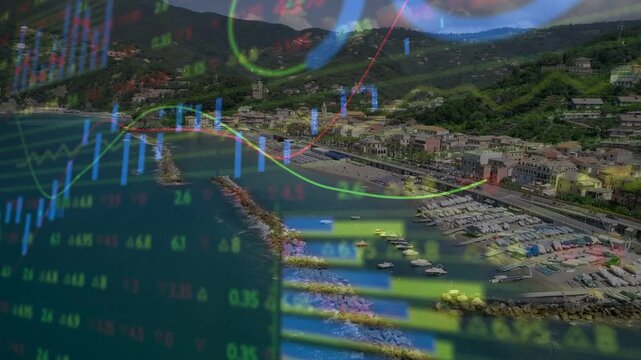 Aerial harbor showing financial overlay appearing, panning, shifting, green line rising for markets