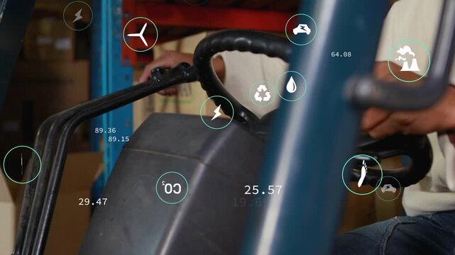 Logistics operator inputting control levers and steering, updating HUD metrics for CO? tracking