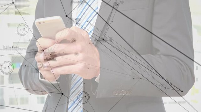 Business torso bringing phone into view tapping screen while UI lines growing and showing net data