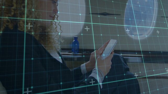 Woman tapping phone reading texts on plane window seat with blue bottle, teal grid overlaying hands