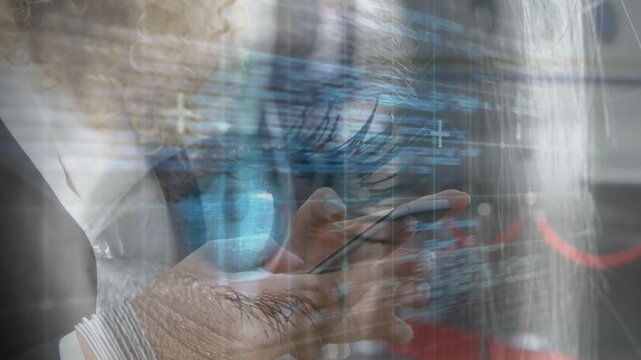 Thumb starting tap, cuffed hand scrolling phone while eye focusing, code overlays visualizing data