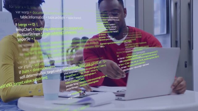 Man pointing laptop screen, woman reviewing papers in study, causing scrolling code overlay for IT
