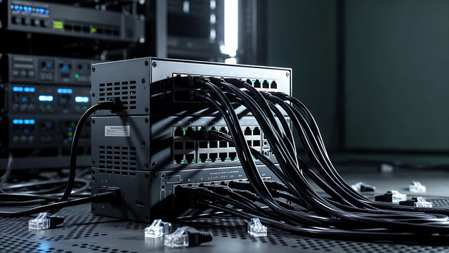 Network switch with tangled black ethernet cables in dark server room, data center infrastructure and IT networking equipment close-up