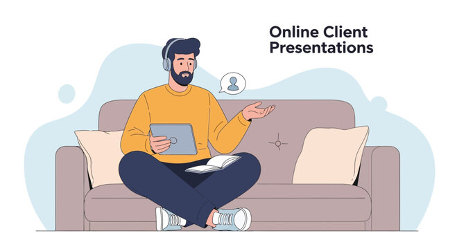 Man with headphones presenting online on tablet while sitting on couch