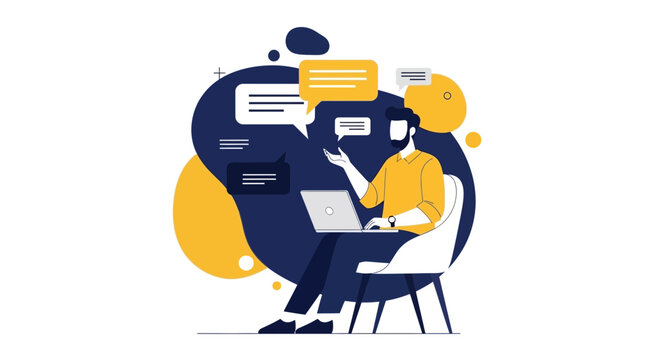 Man with laptop and speech bubbles, online communication concept, flat design illustration