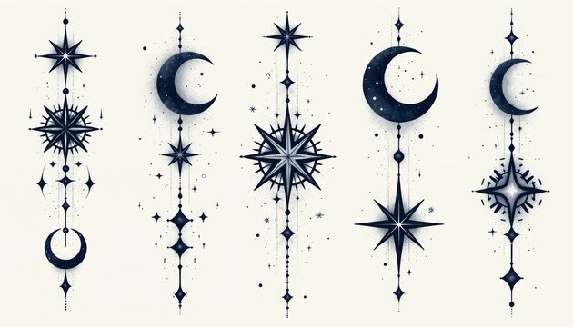 Celestial elements like moons, stars drawn in dark ink with tiny dots. Vertical designs look like abstract tattoos spiritual symbols representing cosmos, individuality. Elegant, mystic.