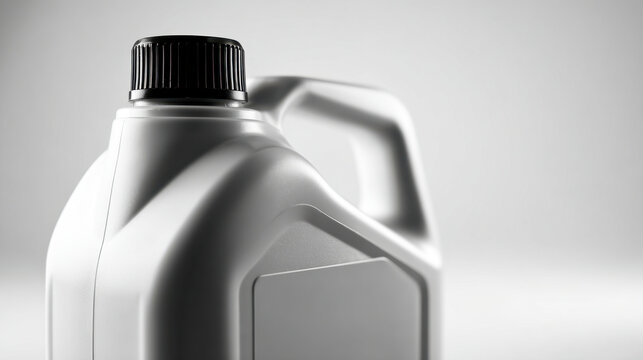 Plastic container with handle and black screw cap for storing and pouring liquids against a neutral blurred background