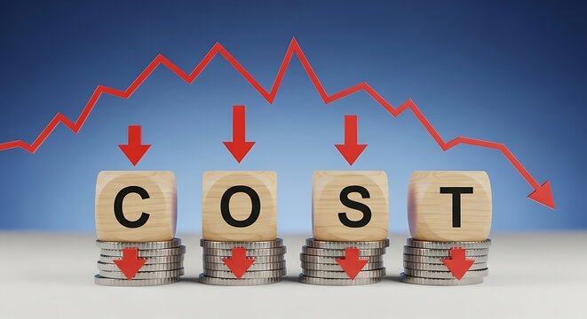 Wooden cubes spelling C O S T stacked on coins with red downward arrows and graph cost reduction savings
