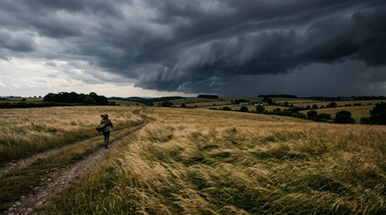 Obraz premium Photograph of a lone person running on a dirt path through a vast, golden wheat field under a dramatic, stormy sky with dark, swirling clouds.