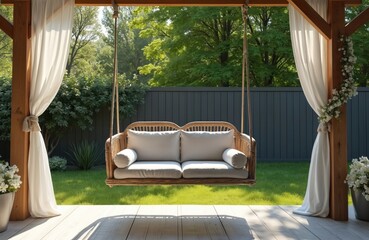 Obraz premium Wicker swing seat with white cushions hangs on porch. Outdoor furniture provides garden relaxation spot. White curtains frame patio area. Green lawn view.