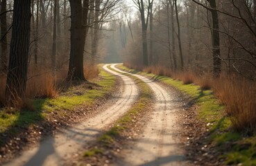 Fototapeta premium Unpaved winding forest road in spring season. Sunlit dirt path through woodland trees with dry grass on roadside. Soft light creates hazy atmosphere.