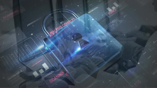 Animation of digital padlock and data processing over computers in office