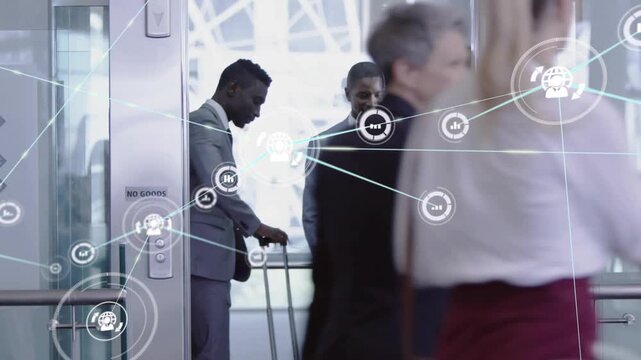 Three IT staff entering glass portal reaching threshold activating network overlay showing links