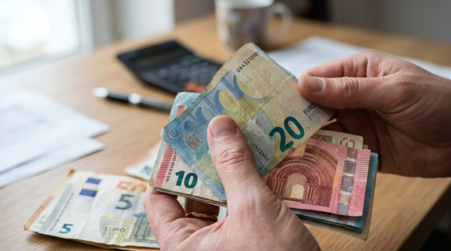 Close-up photograph of a person's hands sorting and counting a pile of euro bills on a wooden table, with a calculator and papers in the background.