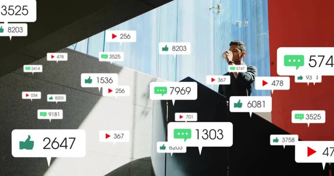Bubbles popping, man in dark top stepping atrium stairs, drinking cup, checking phone, copy space