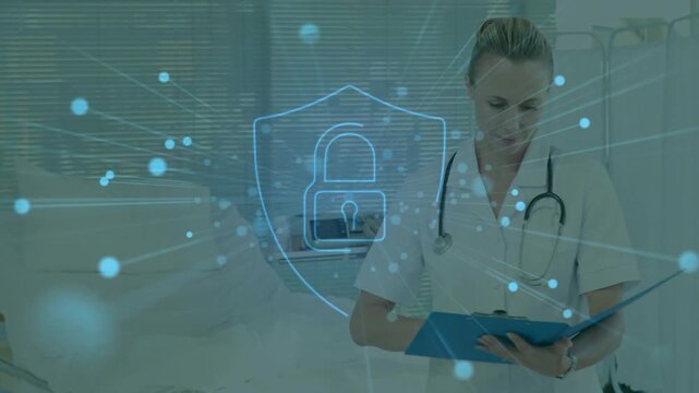 Nurse writing medical chart while particles appearing forming shield padlock, securing patient data