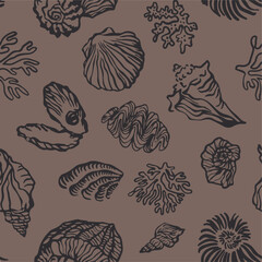 Sea shells, fossils and mollusks seamless pattern. Summer beach hand-drawn seaside vector print. Fashion textile bright multicolored illustration. Seashore elements design for fabrics, wallpaper  © Sketch