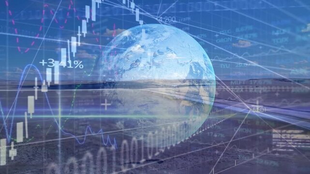 Vertical video: Earth globe centering while data driving charts dipping then climbing road horizon
