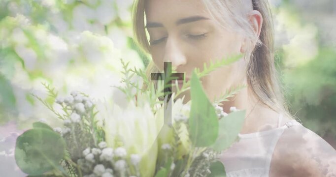 Garden fashion woman smelling bouquet causing centred cross cloud overlay lifting head showing face