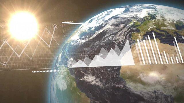 Earth filling frame grid rising at limb overlays sliding graphs reshaping tech showing global data