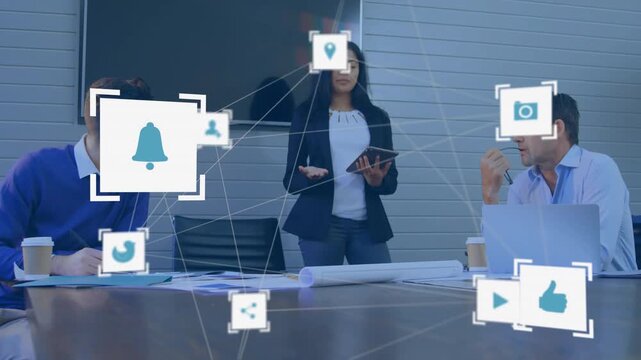 Presenter tapping tablet and presenting business plan while network icons growing, obscuring table