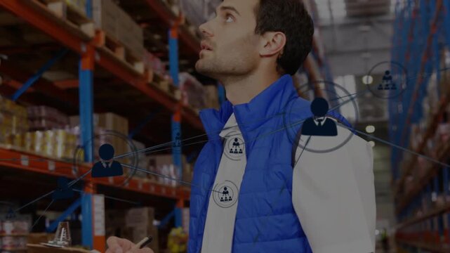 Warehouse inspector clipboard pen scanning racks, initiating icons linking inventory and tallying