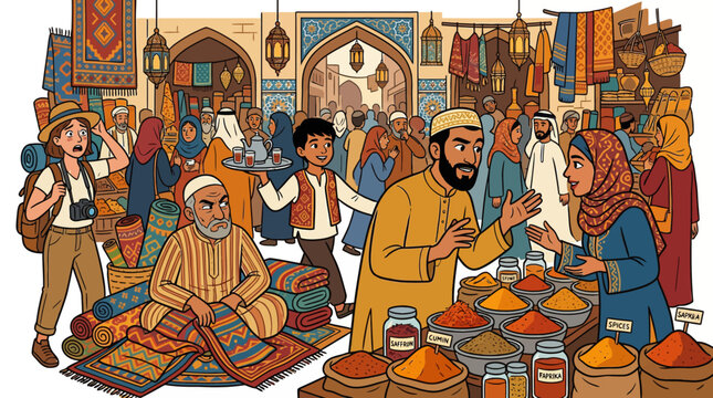 Vibrant illustration of a bustling Middle Eastern bazaar market with tourists and spice vendors