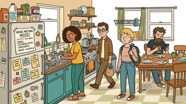 Roommates in messy shared apartment kitchen dealing with household chores and dish washing conflict