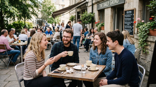 Photograph of a lively outdoor caf&eacute; with patrons seated at wooden tables, chatting and enjoying drinks. The background shows other customers, greenery, and a stone building.