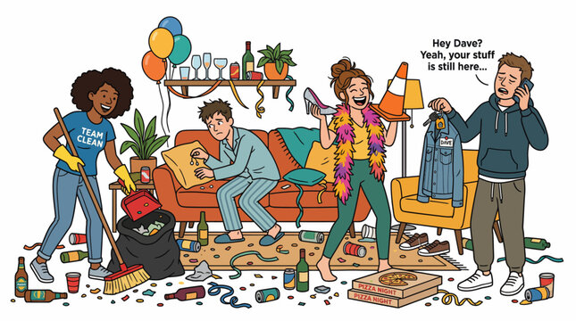 Friends cleaning up messy apartment after house party with hangover and scattered trash illustration