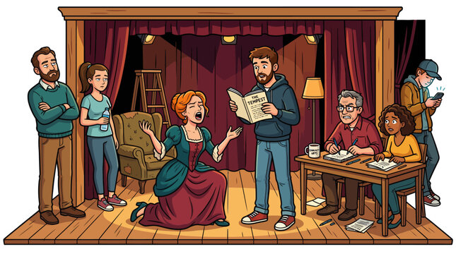 Community theater actors rehearsing Shakespeare's The Tempest play during an audition cartoon illustration
