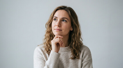 Obraz premium Photograph of a Caucasian woman with light brown, wavy hair, wearing a beige sweater, thoughtfully resting her chin on her hand against a plain light gray background.