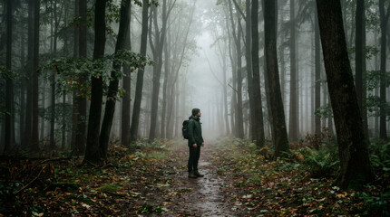 Fototapeta premium A lone hiker in a green jacket and backpack stands on a muddy forest path, surrounded by tall, foggy trees in a misty, overcast forest.