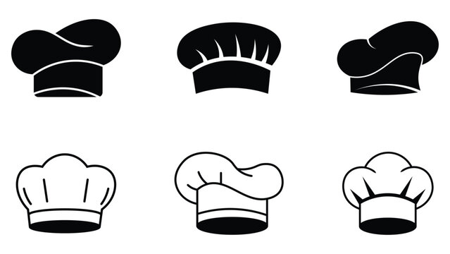 Collection of black and white chef hats in various style. Professional cooking symbols, food industry illustrations. Set of minimalist culinary logos with chef hats. Vector illustration. 