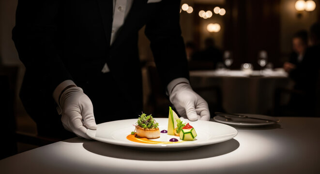 Gourmet Seared Scallop Served by Waiter in Fine Dining Restaurant Setting