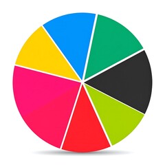 Fototapeta premium Colorful pie chart with seven sections, each a different bright color, on white backdrop