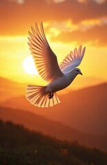 Obraz premium White dove flies against bright orange sunset sky over misty mountains. Bird spreads wings upward, symbolizing hope freedom and peace. Soft light illuminates feathers.