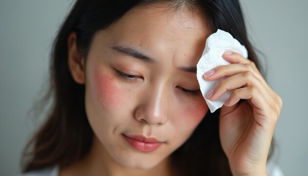 Young woman wipes sweat from forehead with tissue. Her face is flushed red from heat or exertion. She looks uncomfortable and possibly worried about her health or a condition.